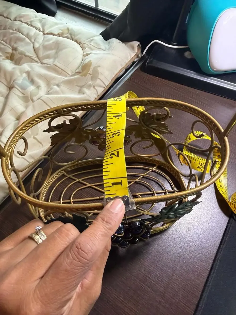 Vintage Gold Tone Metal Wire Basket with Grape and Leaf Accents